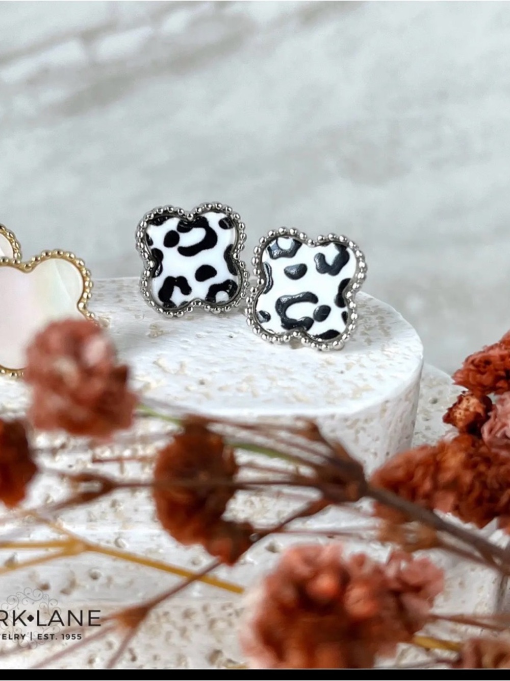 Park Lane Black and White Leopard Print Clover Stud Earrings